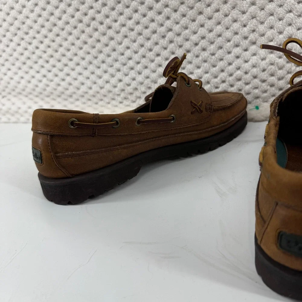 Vintage Polo Country Ralph Lauren Men Boat Shoes Leather Brown Lace Up Casual 8D